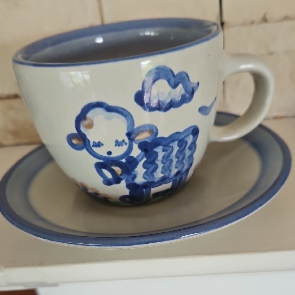 Vintage MA Hadley Hand Painted Blue and White Sheep Design Cup and Saucer